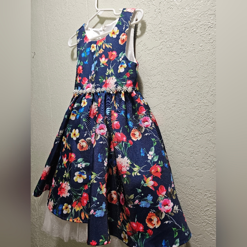Couture Princess Navy Blue floral dress with pearl and diamond belt